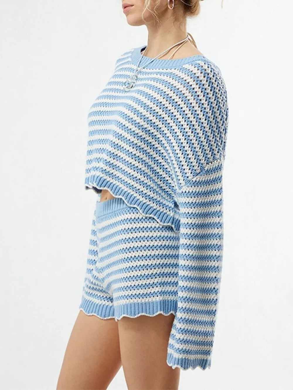 Scalloped Edges Striped Top And Shorts Set in Blue, model styling view
