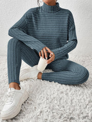 Deep Teal ribbed turtleneck lounge set with matching leggings, styled with white sneakers.