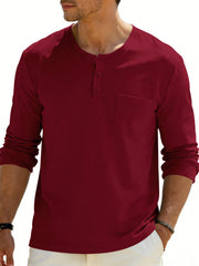 Burgundy long sleeve pocketed henley t-shirt with button placket.