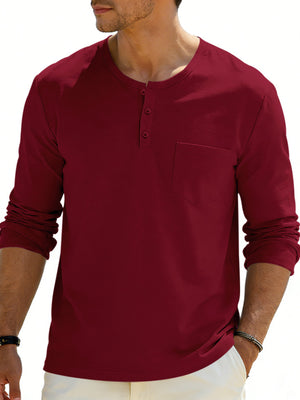 Burgundy long sleeve pocketed henley t-shirt with button placket.