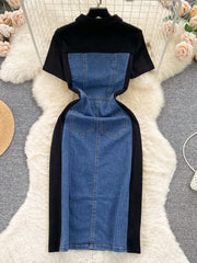 Buttoned denim patchwork bodycon dress with collared neckline and short sleeves.