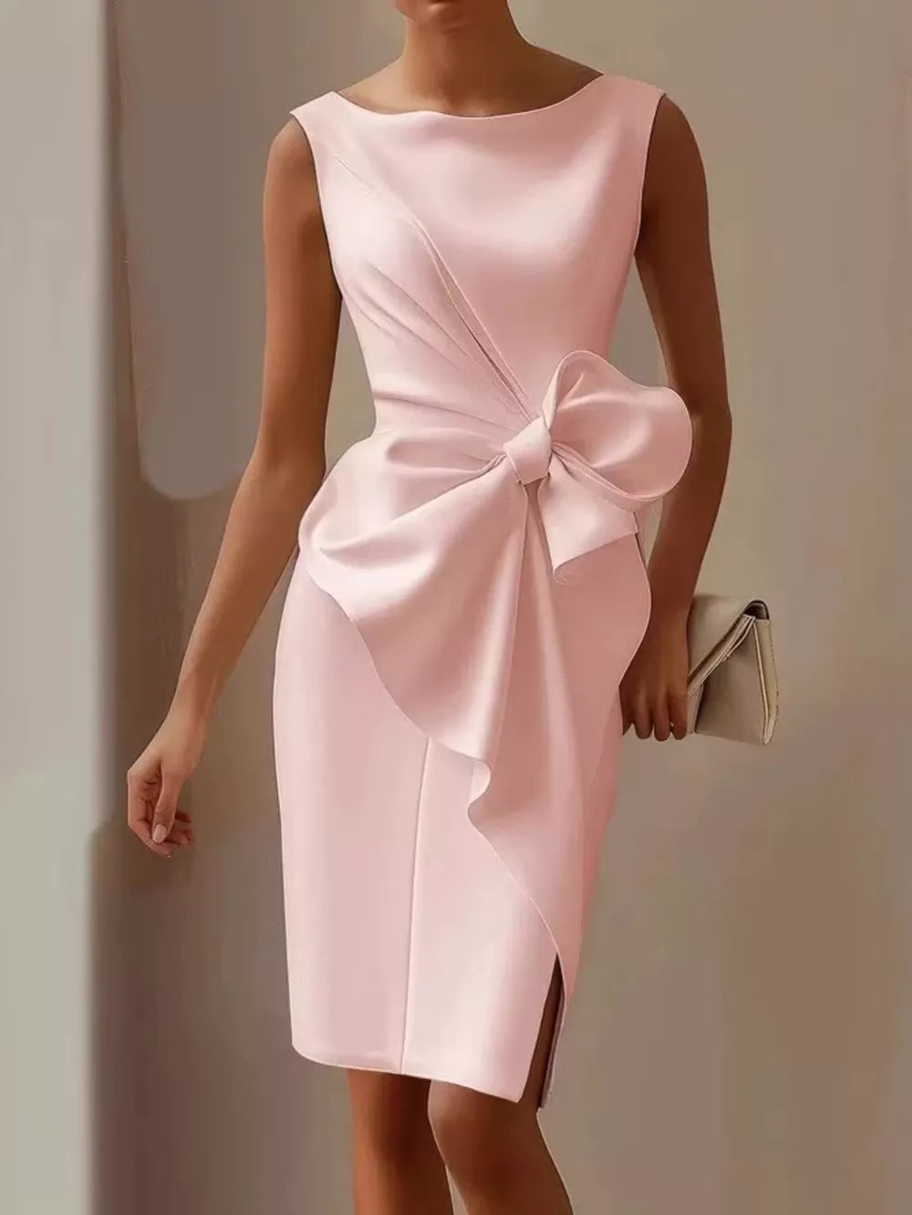 Pink sleeveless dress with large bow detail and side slit