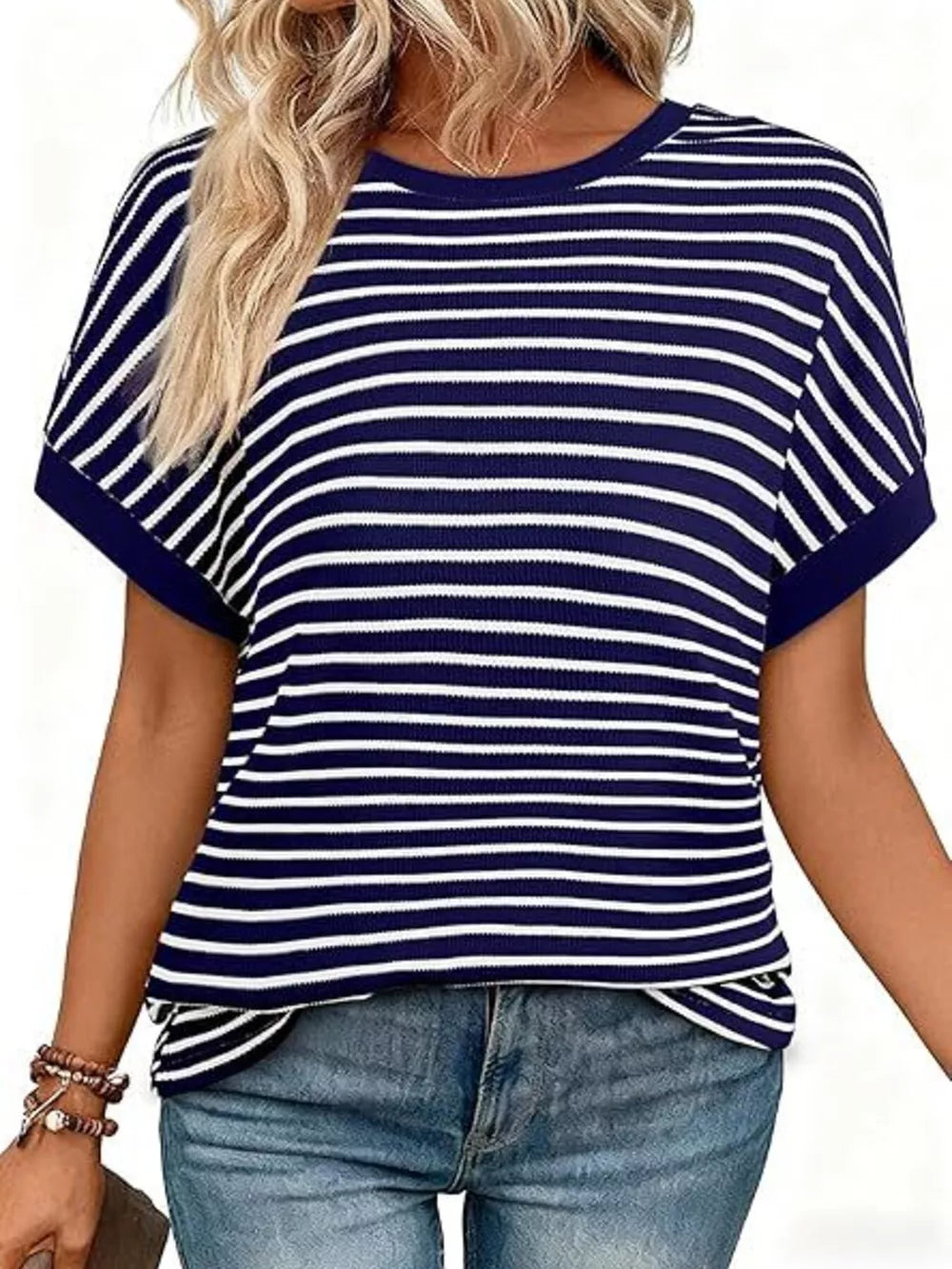 Classic Striped Crew Neck T-shirt in Dark Gray, alternate angle