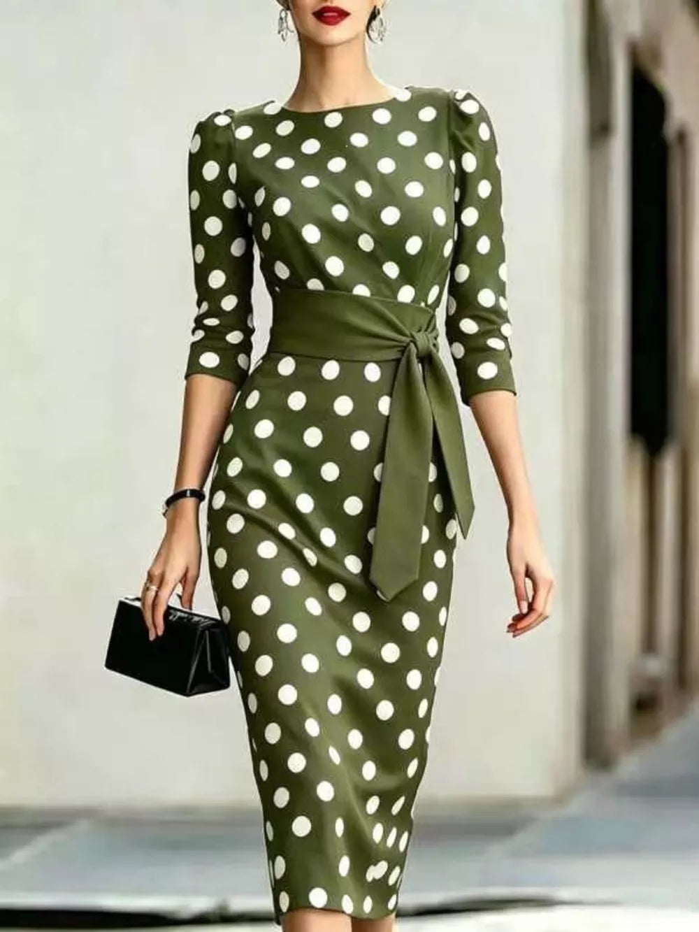 Full Size Polka Dot 3/4 Sleeve Midi Dress, fabric detail