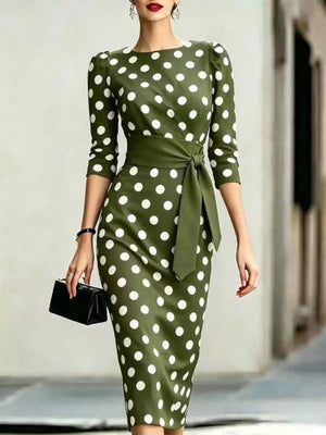 Full Size Polka Dot 3/4 Sleeve Midi Dress, fabric detail