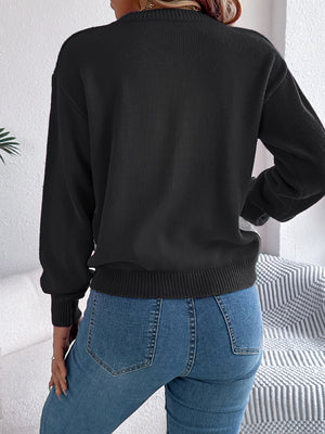 Chevron cable knit sweater with contrast detail, acrylic, crew neck, long sleeves.
