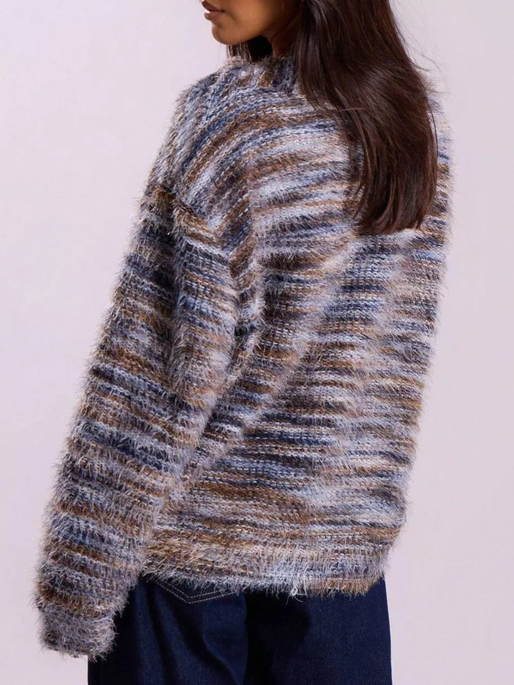 Cozy textured knit cardigan with horizontal stripes in blue, brown, and gray, featuring a fuzzy yarn detail.