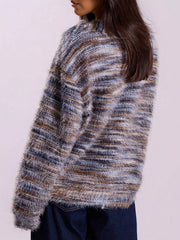Cozy textured knit cardigan with horizontal stripes in blue, brown, and gray, featuring a fuzzy yarn detail.