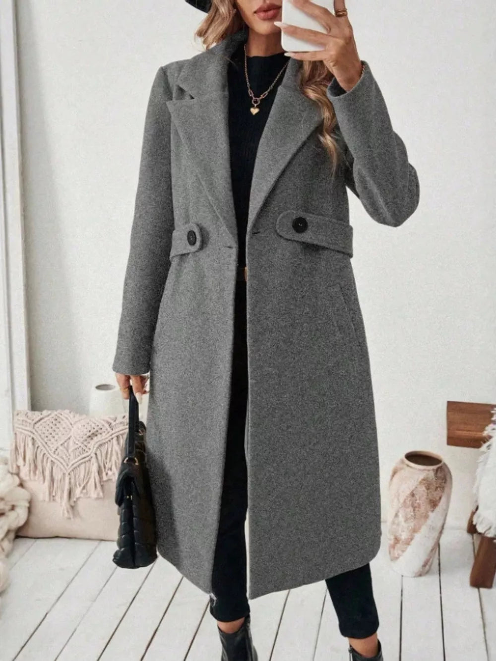 Elegant Lapel Collar Belted Trench Coat Plus Size in Gray, side view