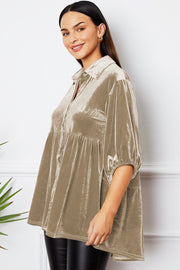 Tiered velvet button-down tunic in Dust Storm, with puff sleeves and a collared neckline.