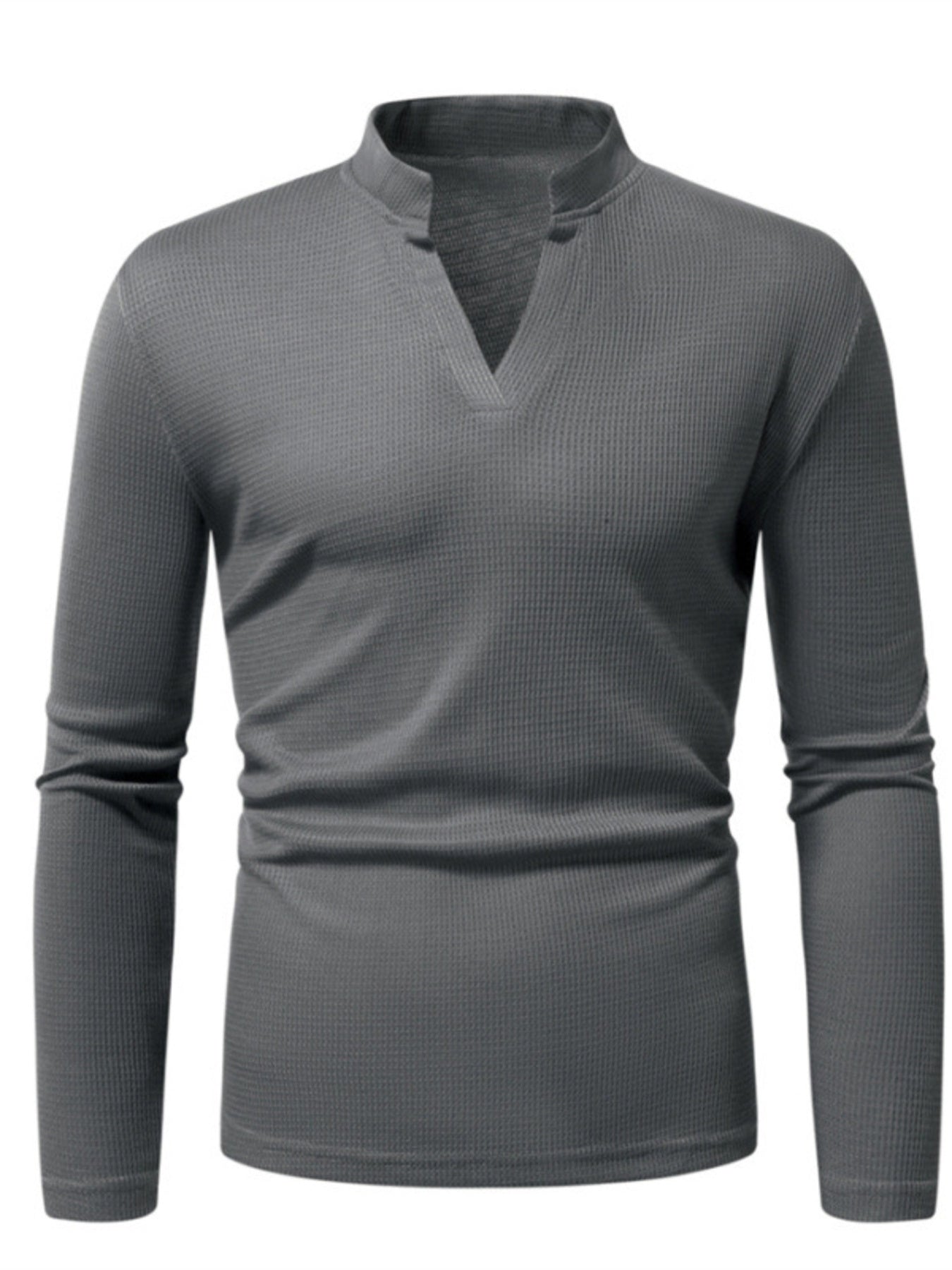 Men's dark gray long sleeve t-shirt with notched V-neck and waffle knit texture.