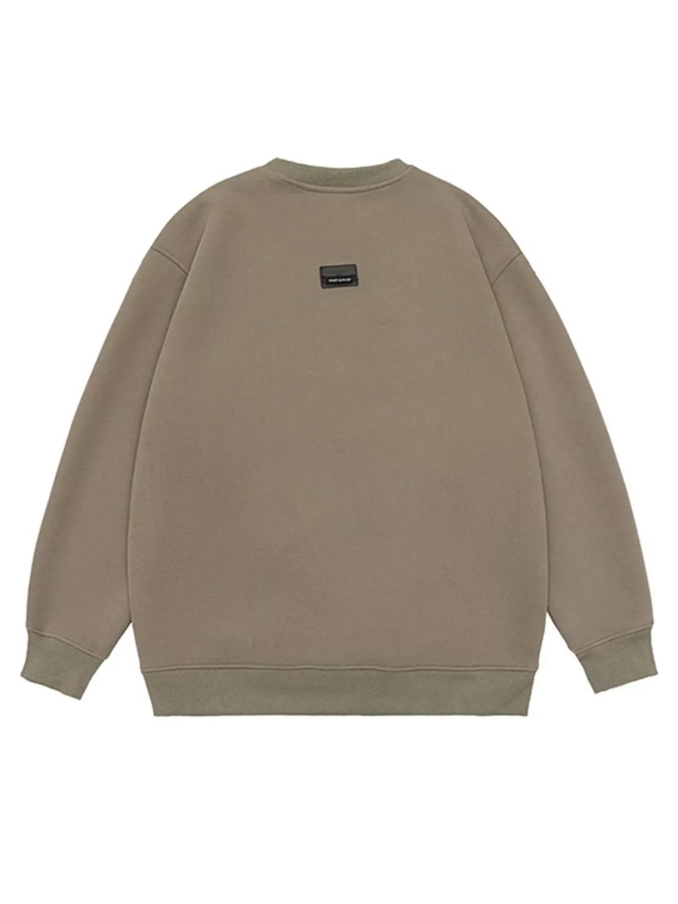 Oversized khaki cotton crew-neck sweatshirt with a small black logo patch on the back.