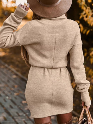 Turtleneck Belted Knit Dress in Khaki, side view