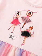 Toddler ballet dress with ballet dancer print and rainbow tulle skirt.