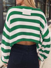 Green and cream stripe knit sweater, cropped, off-shoulder, with ribbed detail on back.