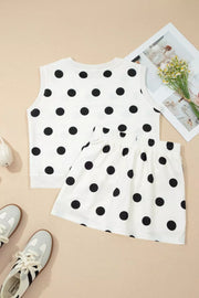 White polka dot ribbed trim two-piece set with sleeveless top and skirt.