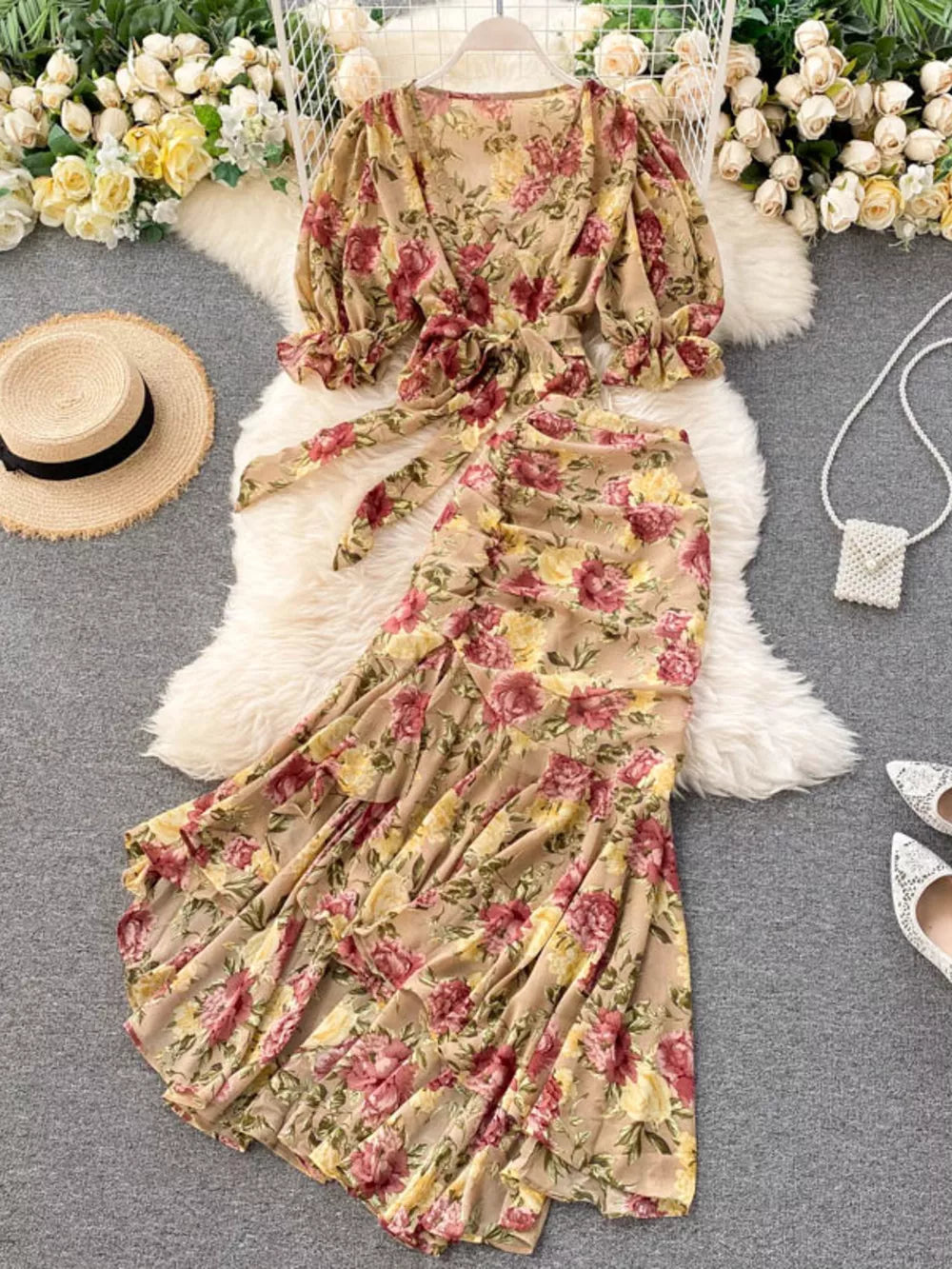 Floral print crop top and ruched skirt set with tie waist and ruffled sleeves