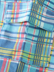 Toddler cotton set with blue plaid pattern and two chest pockets.