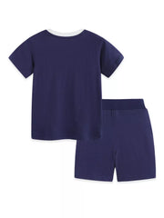 Navy cotton baby outfit with white trim t-shirt and matching shorts.
