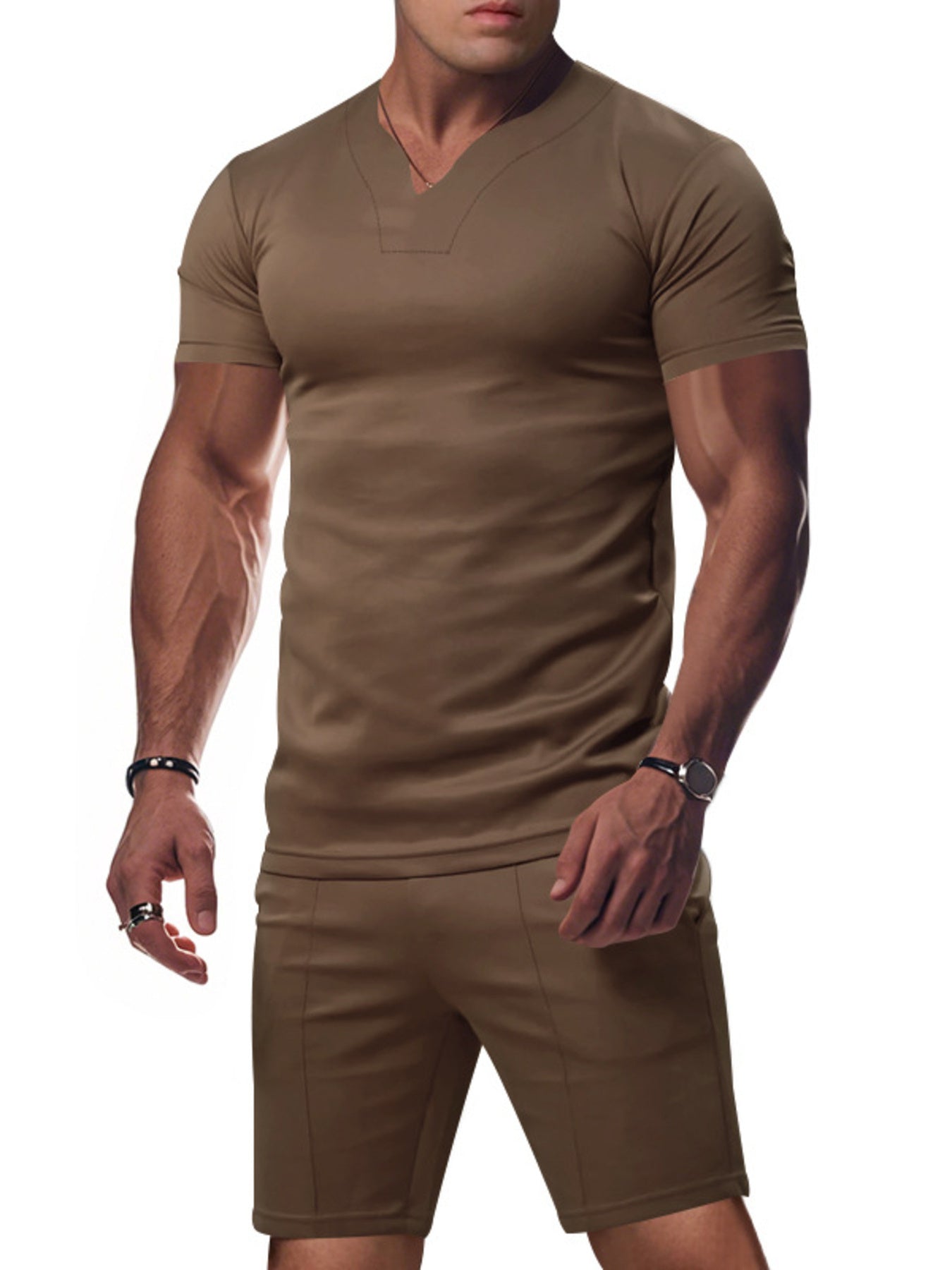 Brown v-neck tee and shorts set with notched collar detail