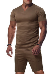 Brown v-neck tee and shorts set with notched collar detail