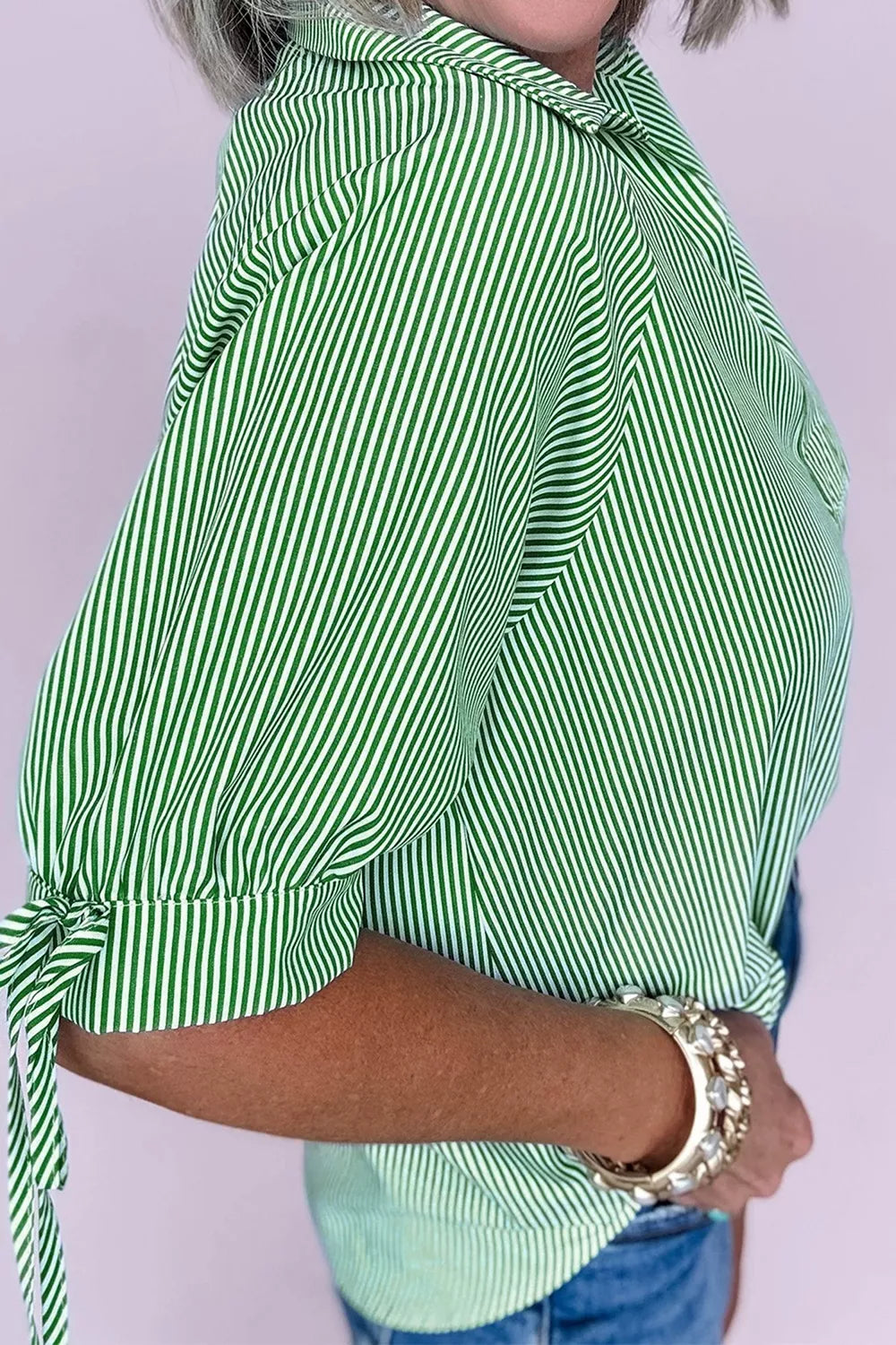 Striped Collared Split Neck Half Sleeve Blouse, model styling view
