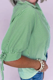 Striped Collared Split Neck Half Sleeve Blouse, model styling view