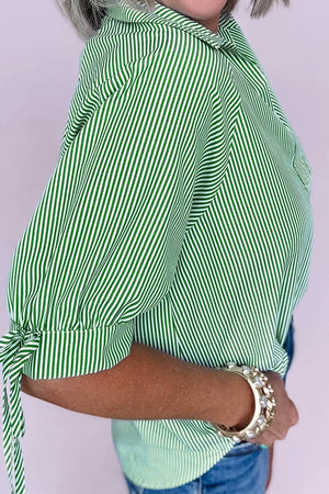 Striped Collared Split Neck Half Sleeve Blouse, model styling view
