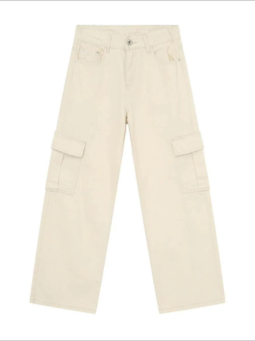 Oversized cargo denim trousers in eggshell with large side pockets and a relaxed fit.