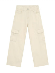 Oversized cargo denim trousers in eggshell with large side pockets and a relaxed fit.
