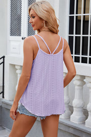 Lavender cami top with perforated detail and strappy back, styled with denim shorts.