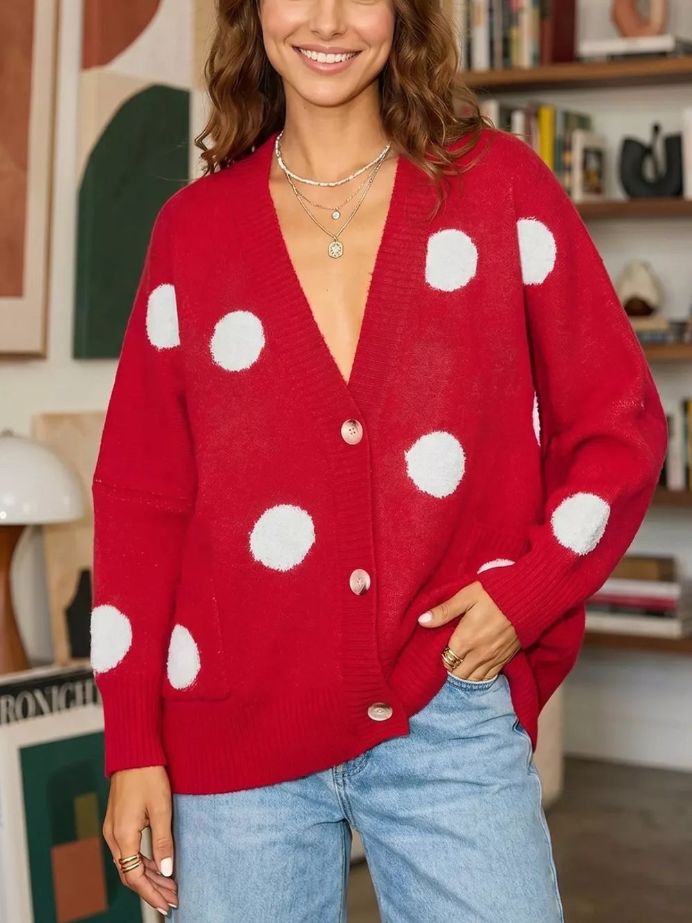 Polka Dot Button Front Oversized V Neck Cardigan in Deep Red, front view