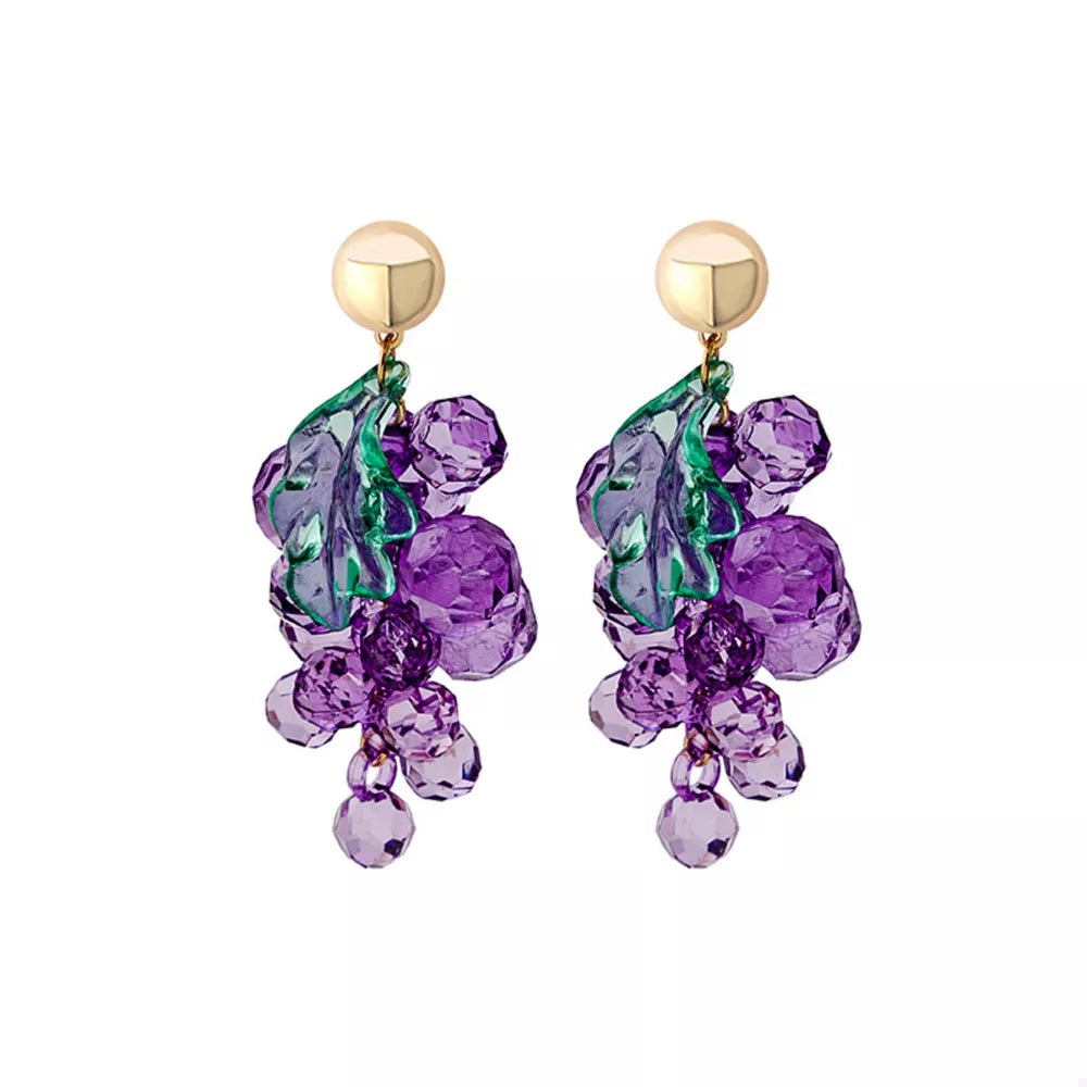 Grape-inspired dangle earrings with purple acrylic beads and green leaves.