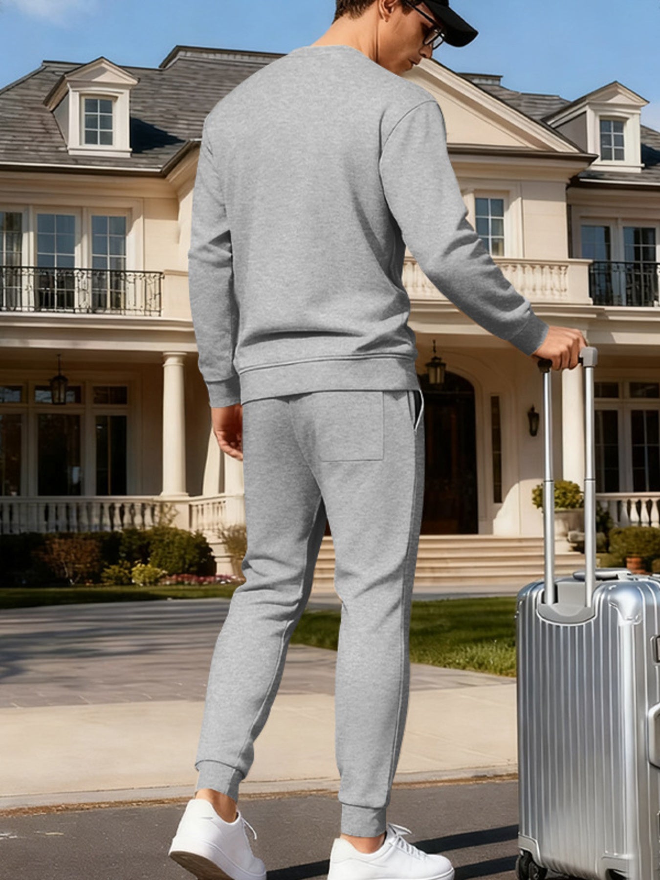 Men's Full Size Round Neck Sweatshirt And Jogger Set in Light Gray, close-up detail