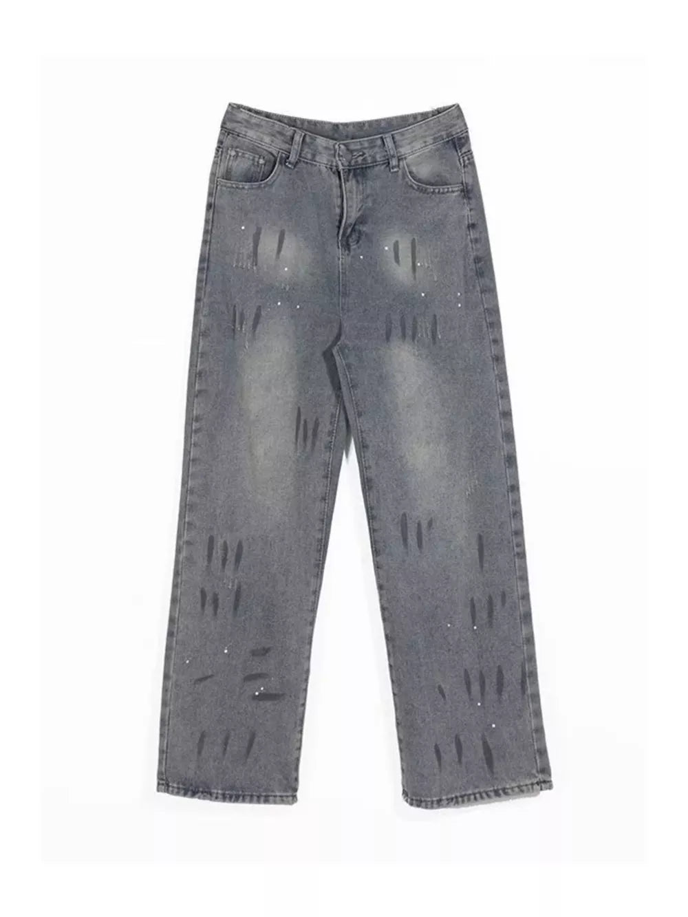 Men's grey wide-leg denim jeans with distressed details and paint splatters.