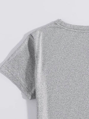 Gray t-shirt with crew neck and short sleeves, basic casual tee.