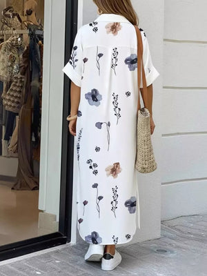Floral Print Button-down Maxi Shirt Dress in Dusty Blue, close-up detail