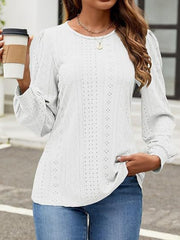 White perforated puff sleeve blouse with crew neck and long sleeves