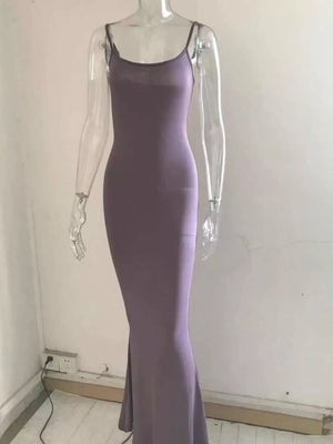 Mauve spaghetti strap bodycon maxi dress with a fishtail hem.