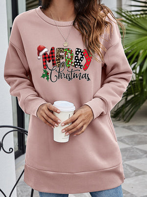 Dusty Pink tunic sweatshirt with Merry Christmas graphic, crewneck, long sleeves, and side pockets.
