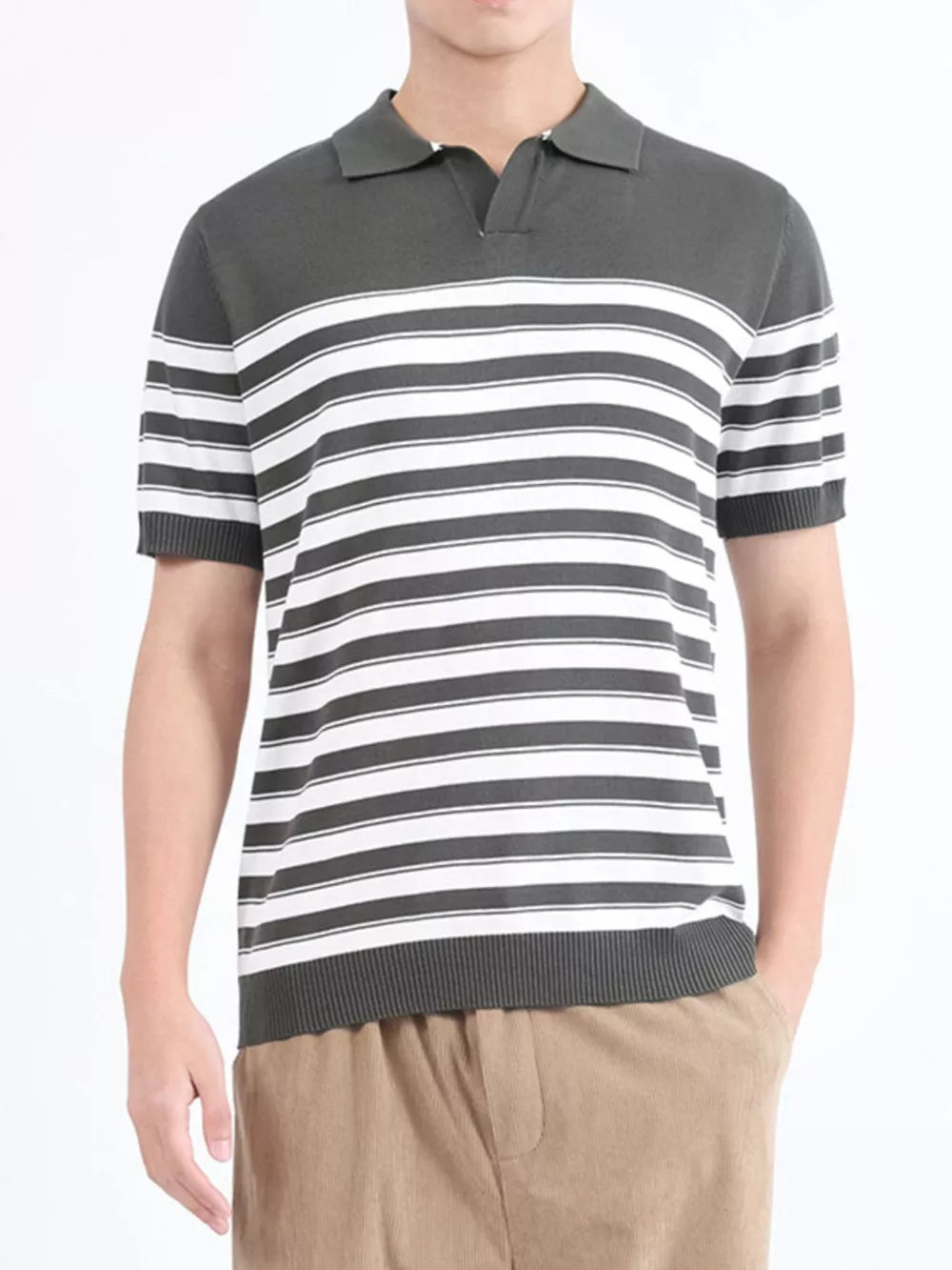Men's striped knit polo shirt in army green and white with short sleeves and a spread collar.