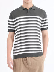 Men's striped knit polo shirt in army green and white with short sleeves and a spread collar.