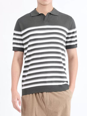 Men's striped knit polo shirt in army green and white with short sleeves and a spread collar.