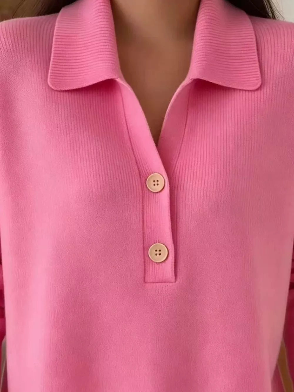 Full Size Button Detail Long Sleeve Sweater Plus in Orange-red, fit detail