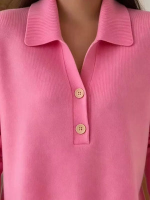 Full Size Button Detail Long Sleeve Sweater Plus in Orange-red, fit detail