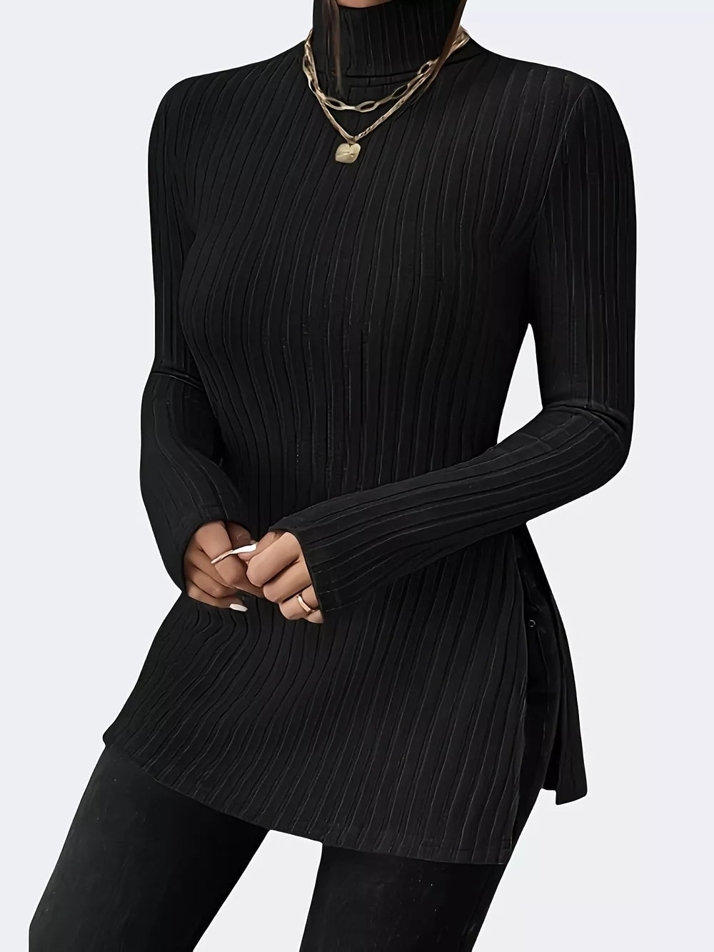 Black ribbed turtleneck t-shirt with side slits and long sleeves