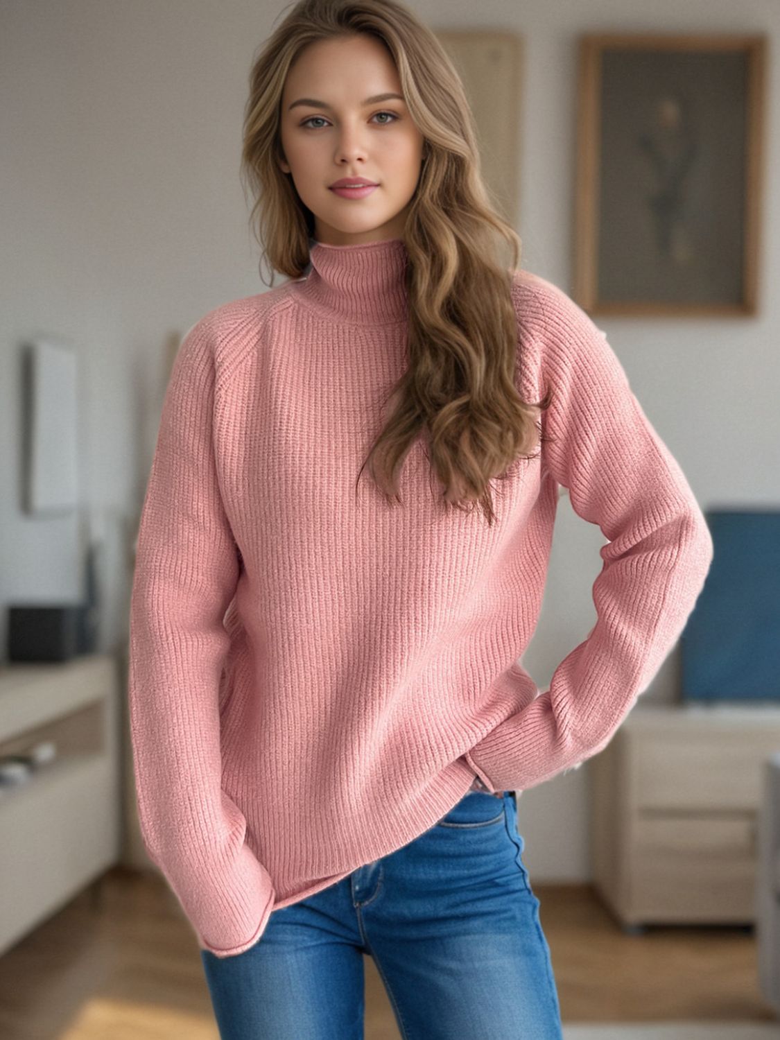 Raglan ribbed turtleneck sweater in Dusty Pink, acrylic knit, casual long sleeve.
