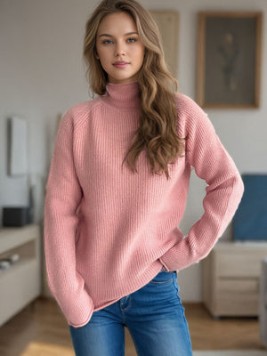 Raglan ribbed turtleneck sweater in Dusty Pink, acrylic knit, casual long sleeve.