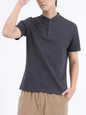 Men's dark gray cotton casual henley t-shirt with button placket