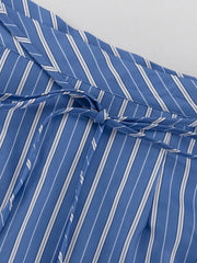 Striped Buttoned Shirt And Mini Skirt Set in Dusty Blue, product detail